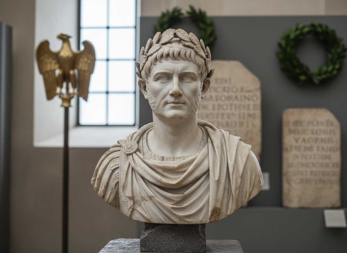 A meticulously detailed marble bust of Augustus, its surface showing faint chisel marks and slight weathering, set on a dark stone pedestal in a quiet museum-like space. Around it, blurred in the background, stand other Roman imperial symbols: an eagle standard, laurel wreaths, and fragments of inscribed tablets. Soft, diffused natural light streams from a high side window, creating gentle highlights along the nose, laurel crown, and folds of the toga, and casting a calm shadow behind. Shot at eye level in photographic realism with a shallow depth of field, the composition centers the bust with ample negative space, evoking a scholarly, professional atmosphere ideal for an educational website about Roman emperors.